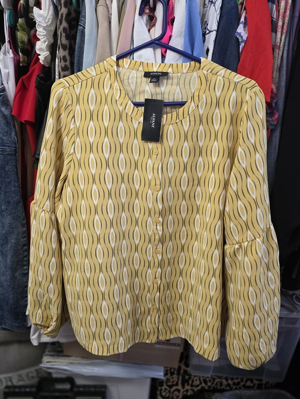 Alfani Mustard Yellow Geometric Button-Front Blouse